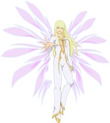  1boy artist_request blonde_hair blue_eyes chest_jewel empty_eyes energy_wings flying full_body game_cg gem gold_shoes green_gem highres long_hair midair mithos_yggdrasill official_art open_mouth pink_wings purple_wings reaching reaching_towards_viewer shoes smile solo tales_of_(series) tales_of_asteria tales_of_symphonia third-party_source transparent_background very_long_hair white_shoes wings 