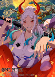  1girl bare_shoulders blue_hair commentary_request copyright_name copyright_notice earrings embers feet_out_of_frame full_moon hakama high_ponytail highres holding holding_weapon hoop_earrings horns japanese_clothes jewelry kimono long_hair looking_at_viewer moon multicolored_hair official_art one_piece one_piece_card_game parted_bangs parted_lips ponytail red_eyes red_hakama sidelocks sleeveless sleeveless_kimono solo tukuso two-tone_hair weapon white_hair yamato_(one_piece) 