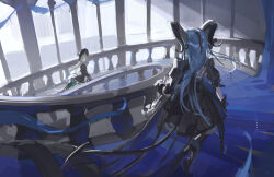  2girls absurdres arknights bang_dream! bang_dream!_it's_mygo!!!!! black_bonnet black_dress black_gloves blue_hair bonnet commentary dress gloves green_hair highres horns long_hair multiple_girls phyriaxi railing short_sleeves stairs tail togawa_sakiko togawa_sakiko_(master_of_melodia) wakaba_mutsumi wakaba_mutsumi_(marionette's_id) 