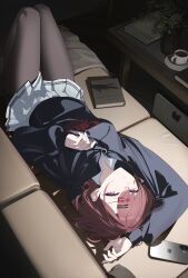  1girl absurdres black_shirt book brown_hair brown_pantyhose candy_man cellphone chinese_commentary coffee commentary couch cup grey_skirt highres higuchi_madoka idolmaster idolmaster_shiny_colors indoors knees_up looking_at_viewer lying miniskirt mole mole_under_eye mug on_back on_couch pantyhose phone pleated_skirt shirt skirt smartphone solo 