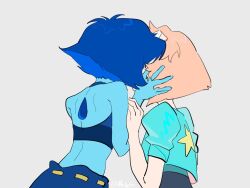  2girls aqua_jacket blonde_hair blue_hair blue_skin colored_skin commentary crop_top gem grey_background halterneck hashtag-only_commentary jacket kiss lapis_lazuli_(steven_universe) multiple_girls pearl_(steven_universe) photo-referenced puffy_short_sleeves puffy_sleeves short_hair short_sleeves steven_universe whitefox_(whitefo1799928) yuri 