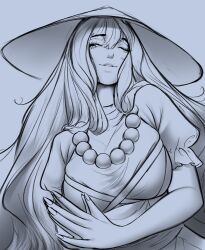  1girl absurdres ajirogasa bead_necklace beads blue_background blue_theme breasts hair_over_shoulder hat highres hijiri_byakuren jewelry klabisot long_hair looking_to_the_side necklace one_eye_closed own_hands_together short_sleeves sketch smile touhou upper_body 
