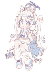  1girl :o @_@ absurdres animal_ear_headphones animal_ears animal_on_head blue_eyes blue_jacket blue_shoes blush commentary_request controller fake_animal_ears full_body game_controller hair_ornament hairclip halo headphones heart heart_hair_ornament highres jacket jacket_partially_removed loose_socks on_head original rabbit rabbit_hair_ornament rabbit_on_head school_uniform serafuku shirt shoes sitting sketch sneakers socks space_invaders twintails uekura_eku white_background white_hair white_shirt 