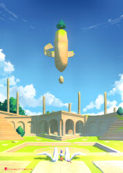  1other animal arch blue_shirt brown_shoes bush cape clouds commentary_request engraved floating_rock grass hat highres katou_oswaldo moss orange_pants original pants pillar purple_hat ruins shirt shoes sky stairs tree white_cape wolf 