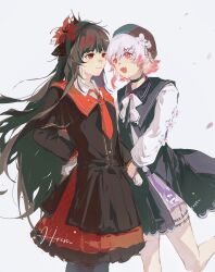  2girls :d absurdres artist_request beret black_choker black_dress black_hair black_hat black_shirt black_skirt chinese_commentary choker closed_mouth commentary_request commission dress feet_out_of_frame flower gradient_hair hair_flower hair_ornament hand_on_own_hip hat highres long_hair long_sleeves looking_ahead looking_at_another mahou_shoujo_no_majo_saiban multicolored_hair multiple_girls necktie nikaido_hiro open_mouth pink_eyes pink_hair red_eyes red_flower red_necktie sakuraba_ema second-party_source shirt short_hair shorts skirt smile standing standing_on_one_leg white_background white_hair white_shorts wind x_hair_ornament 