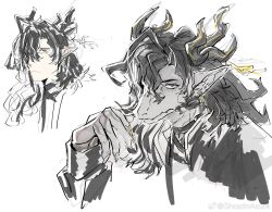  1boy arknights asure_(asure_twi) black_eyes black_hair claws dragon_boy dragon_horns eastern_dragon_horns furrification furry furry_male hand_up highres horns long_hair looking_at_viewer male_focus multiple_views pointy_ears portrait simple_background wang_(arknights) white_background 