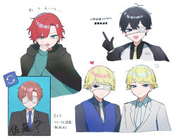  5boys aqua_sweater black_cloak black_eyes black_hair black_shirt blonde_hair blue_eyes blue_necktie blue_vest broken_heart brown_hair cloak commentary_request dress_shirt dual_persona glasses green_eyes grey_jacket griffin_stewart heart hood hood_down hooded_cloak jacket jacket_on_shoulders kasugano_(owf_ksg) lapels mole mole_under_eye multiple_boys necktie opaque_glasses oshi_no_tachiba_ga_irekawaru oshi_no_taisetsuna_hito_ni_narikawaru red_hair satou_(mitsudomoe_koubou) sharp_teeth shirt short_hair simple_background smile suit_jacket sweater teeth tonimura_yui translation_request vest white_background white_necktie white_shirt xx_(mitsudomoe_koubou) yellow_necktie 