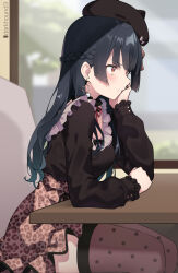  1girl animal_print beret black_hair black_hat black_shirt braid breasts commentary_request dark_hound_3 earrings from_side hat heart heart_earrings highres idolmaster idolmaster_shiny_colors jewelry leopard_print long_hair long_sleeves looking_ahead mayuzumi_fuyuko polka_dot polka_dot_thighhighs shirt sitting skirt solo table thigh-highs yellow_eyes 