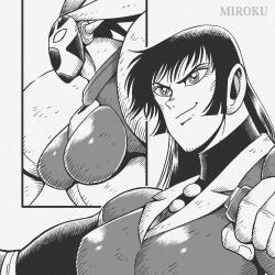  1990s_(style) 2girls blunt_sidelocks boobplate breasts commentary_request getter_rekka getter_robo getter_robo_daikessen! greyscale ishikawa_ken_(style) lever long_hair mecha mecha_focus mecha_pilot_suit miroku_(miroku_t) mizuki_akane monochrome multiple_girls official_style retro_artstyle robot robot_girl sidelocks smile super_robot 