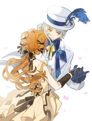  2girls :_(49610029338) black_gloves blue_feathers blue_gloves blue_shirt boater_hat chinese_commentary coat commentary_request dress facing_another facing_away falling_petals feathers gloves grey_eyes grey_hair hair_bun hat hat_feather highres holding_hands long_hair looking_at_another low_ponytail multiple_girls neck_ribbon official_alternate_costume orange_hair petals ponytail reverse:1999 ribbon shirt short_hair single_side_bun sleeveless sleeveless_dress smile sonetto_(reverse:1999) upper_body vertin_(ipstar)_(reverse:1999) vertin_(reverse:1999) white_background white_coat white_hat yellow_dress yellow_ribbon yuri 