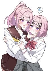  2girls 3: @_@ amaori_haruna amaori_renako ashigaya_high_school_uniform blush bow bowtie brown_sailor_collar brown_skirt cardigan cardigan_around_waist clothes_around_waist commentary cowboy_shot flustered flying_sweatdrops frown grey_cardigan grey_skirt hair_ornament hairclip hands_on_another's_arm harumashi_(harumashi12) high_ponytail highres incest miniskirt multiple_girls neckerchief open_mouth parallel_hairclips pink_eyes pink_hair plaid_clothes plaid_skirt pleated_skirt ponytail raised_inner_eyebrows red_bow red_bowtie sailor_collar school_uniform serafuku shirt siblings sisters skirt spoken_flying_sweatdrops sweatdrop watashi_ga_koibito_ni_nareru_wake_naijan_murimuri! white_shirt x_hair_ornament yellow_neckerchief yuri 