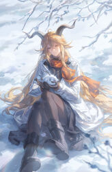  1girl ahoge animal_ears ankle_boots arknights artist_name asymmetrical_sidelocks bare_tree black_boots black_gloves black_pantyhose black_shirt black_skirt blonde_hair blurry blurry_foreground boots branch brown_horns closed_mouth coat commentary crossed_bangs day degenbrecher_(arknights) english_commentary full_body gloves goat_ears goat_girl goat_horns hair_between_eyes hair_flowing_over hair_spread_out helen_zzhao highres holding horns jacket knees_up lapels light_particles light_smile long_hair long_sleeves looking_at_viewer on_ground open_clothes open_coat open_jacket orange_scarf outdoors pantyhose scarf shadow shirt shoe_soles sidelocks sitting skirt smile snow snowball snowing snowman solo tree twitter_username very_long_hair white_coat white_jacket winter yellow_eyes 