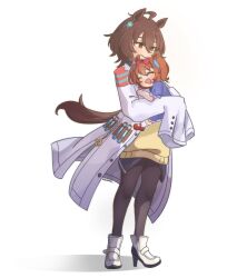  2girls absurdres aged_down agnes_tachyon_(tach-nology)_(umamusume) agnes_tachyon_(umamusume) ahoge animal_ears black_necktie black_pantyhose blue_dress blush boots bow brown_hair carrying carrying_person chemical_structure closed_eyes closed_mouth coat cork daiwa_scarlet_(umamusume) dress earrings fang hair_between_eyes hair_bow highres horse_ears horse_girl horse_tail jewelry lab_coat long_sleeves medium_hair multiple_girls necktie open_mouth pantyhose red_bow red_eyes red_shoes rizumah shirt shoes short_hair single_earring skin_fang sleeves_past_fingers sleeves_past_wrists smile socks sweater sweater_vest tail test_tube umamusume umamusume_horse_relations white_boots white_coat white_socks wolf_cut yellow_sweater yellow_sweater_vest 
