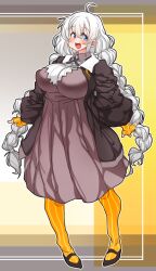  1girl ahoge blue_eyes braid breasts commentary_request dress fingerless_gloves full_body gloves huge_breasts impossible_clothes kizuna_akari open_mouth sachito smile socks solo striped_clothes striped_socks teeth twin_braids upper_teeth_only vertical-striped_clothes vertical-striped_socks voiceroid white_hair 