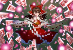  1girl aihara-rina ascot between_fingers bow brown_eyes brown_hair chinese_commentary commentary_request danmaku detached_sleeves falling_petals frilled_bow frilled_hair_tubes frilled_skirt frills gohei hair_bow hair_tubes hakurei_reimu highres holding holding_gohei holding_ofuda long_hair looking_at_viewer ofuda ofuda_between_fingers petals pink_petals red_bow red_skirt ribbon-trimmed_sleeves ribbon_trim skirt skirt_set solo touhou yellow_ascot 