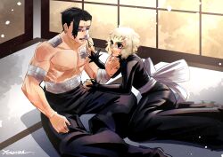  1boy 1girl absurdres bandaged_arm bandages black_dress black_eyes dress hetero highres kagurabachi kuguri_(kagurabachi) long_sleeves multiple_scars muscular muscular_male ribbon scar short_hair toto_(kagurabachi) yowhza 