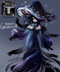  1girl black_hair colored_skin commentary dress english_commentary english_text extra_arms feefal full_body funguary highres long_hair monster_girl mushroom mushroom_girl mushroom_hat object_and_personification original personification photo_inset procreate_(medium) reference_inset signature simple_background solo 