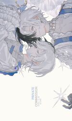  2boys absurdres asymmetrical_bangs black_hair blue_eyes blue_gem closed_mouth collarbone commission earrings expressionless frilled_sleeves frills gem highres izumi_087 jewelry layered_sleeves long_sleeves mihuashi_commission multicolored_hair multiple_boys original parted_bangs portrait scar scar_on_face short_hair siblings smirk star_(symbol) twins two-tone_hair watermark white_background white_hair 