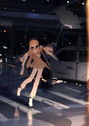  1girl absurdres car closed_eyes gun highres holding holding_umbrella motor_vehicle no_shoes open_mouth original senakira standing traffic_light umbrella weapon 