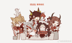  1boy 4girls alternate_costume arknights artist_name chibi chibi_only chinese_commentary chinese_new_year chinese_text chuntiao closed_eyes commentary_request couch fai_chun figurino_(arknights) five-fall good_fortune_symbol happy happy_new_year highres hongbao jieyun_(arknights) mon3tr_(arknights) multiple_girls official_artist_extra on_couch one_eye_closed quartz_(arknights) v valarqvin_(arknights) watermark weibo_username weibo_watermark 