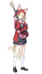  1girl alternate_costume animal_ears arichi_(ariarikiwami) arknights arknights:_endfield black_shoes black_skirt blonde_hair bow bowtie corrupted_twitter_file diagonal-striped_bow diagonal-striped_bowtie diagonal-striped_clothes ears_through_headwear full_body guitar highres holding holding_guitar holding_instrument hood hood_up hooded_jacket instrument jacket long_hair looking_at_viewer miniskirt open_mouth pleated_skirt red_bow red_bowtie red_jacket rossi_(arknights) shirt shoes signature simple_background skirt socks solo standing striped_bow striped_bowtie striped_clothes tail teeth upper_teeth_only watermark watermark_grid white_background white_shirt white_socks wolf_ears wolf_girl wolf_tail yellow_eyes 