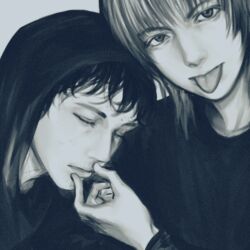  2boys :p animification artyom_anoufriev closed_eyes closed_mouth grey_background greyscale hair_between_eyes hand_on_another's_face hand_up highres hood hood_up light_smile lips long_sleeves looking_at_viewer male_focus menghuanhuabingchang37045 monochrome multiple_boys nikita_lytkin real_life realistic shirt short_hair simple_background thick_eyebrows tongue tongue_out true_crime u_u upper_body 
