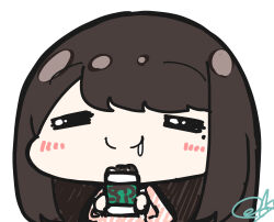  1girl =_= animification black_hair c: chibi chibi_only closed_eyes closed_mouth commentary_request cup disposable_coffee_cup disposable_cup drooling facing_viewer hanamiya_nina highres holding holding_cup long_hair mole mole_under_eye oofushi_ao pink_shirt real_life shirt signature simple_background smile solo voice_actor white_background 