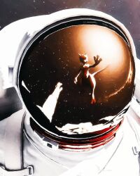  1other ambiguous_gender astronaut helmet highres mewtwo outstretched_arm pokemon pokemon_(creature) pokemon_focus reaching reaching_towards_another reflection rivalclay space space_helmet spacesuit star_(sky) 