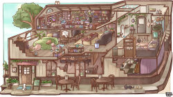  2girls alarm_clock animal_slippers baby_animal bed bird black_pants black_shirt blonde_hair book book_stack bookshelf border bottle cabinet cafe cat chair chick chigu clock commentary_request commission couch creature creature_on_head floorplan green_hair guitar herb_bundle highres instrument mirror mortar_(bowl) multiple_girls musical_note necktie orange_eyes original outside_border oven_mitts pants pestle picture_frame plant potion potted_plant shirt sign sink slippers spoken_musical_note stage stage_lights stuffed_animal stuffed_toy table television tissue_box trash_can tree turtle white_shirt wooden_floor wooden_table 