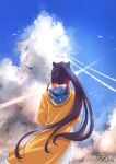  1girl bird clouds contrail dress facing_away from_behind highres hololive hololive_english hood hood_down hooded_coat long_hair long_sleeves multicolored_hair ninomae_ina&#039;nis orange_hair outdoors pointy_ears ponytail purple_hair signature sky solo takomonty tentacle_hair violet_(ninomae_ina&#039;nis) virtual_youtuber white_dress yellow_raincoat 