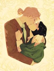  2girls black_hair brown_jacket claradearte closed_eyes collared_shirt commentary english_commentary green_jacket hair_bun highres hug jacket jewelry kiss multiple_girls original pink_hair ring shirt short_hair the_kiss white_shirt yellow_background yuri 