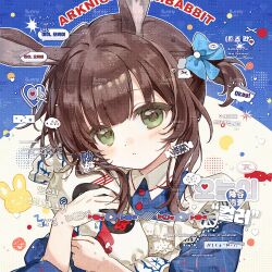  1girl :< alternate_eye_color amiya_(arknights) animal_ears apron arknights blue_bow blue_dress bow brown_hair buttons candy chinese_commentary collared_shirt commentary_request commission dress fingernails food frilled_apron frills green_eyes guoshixing hair_bow highres holding holding_candy holding_food light_blush long_sleeves looking_at_viewer official_alternate_costume one_side_up portrait rabbit_ears rabbit_girl shirt solo too_many_watermarks watermark white_apron white_rabbit_candy 