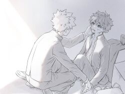  2boys bakugou_katsuki boku_no_hero_academia commentary_request dirty dirty_face dmdtmt99 gakuran greyscale hand_on_another's_cheek hand_on_another's_face highres jacket korean_commentary male_focus midoriya_izuku monochrome multiple_boys on_floor open_clothes open_jacket open_shirt pants school_uniform short_hair sitting spiky_hair 