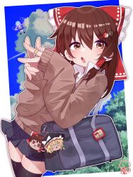  1girl alternate_costume bag bag_charm bandaid bandaid_on_finger bandaid_on_hand black_skirt blue_sky blush bow brown_cardigan brown_eyes brown_hair cardigan charm_(object) clouds double_v floating hair_between_eyes hair_ornament hair_tubes hairpin hakurei_reimu highres kirisame_marisa komeiji_koishi long_hair long_sleeves looking_at_viewer outdoors own_hands_together parted_lips red_bow school_bag school_uniform serafuku shirt signature skirt sky soesoe300 solo thigh-highs thighs touhou tree v white_shirt zettai_ryouiki 