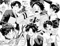  2boys bakugou_katsuki black_whip_(boku_no_hero_academia) blush boku_no_hero_academia bullying clipboard collared_shirt commentary_request crying dmdtmt99 gakuran gauze gauze_on_cheek greyscale hand_in_another's_hair hand_on_own_neck highres holding holding_clipboard holding_whistle jacket korean_commentary korean_text male_focus midoriya_izuku monochrome multiple_boys multiple_scars multiple_views necktie open_mouth scar scar_on_face scar_on_hand school_uniform shirt short_hair speech_bubble superhero_costume tears u.a._school_uniform whistle whistle_around_neck wide-eyed 
