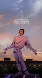  1boy bad_bunny beard black_hair clouds dusk facial_hair gloves golden_hour highres looking_at_viewer male_focus ooniramioo pants real_life shirt shoes sky smile solo white_gloves white_pants white_shirt white_shoes 