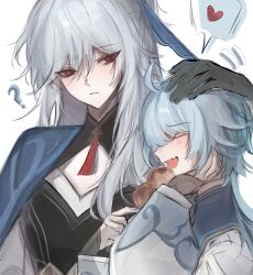  2girls ? ^_^ ahoge black_gloves blue_hair character_request closed_eyes closed_mouth english_commentary fang gloves hand_on_another's_head haruka_raphael heart honkai:_star_rail honkai_(series) jingliu_(honkai:_star_rail) mixed-language_commentary multiple_girls no_blindfold oc_x_canon open_mouth original profile red_eyes speech_bubble spoken_heart teeth upper_body vietnamese_commentary white_hair yunxi_(haruka_raphael) 