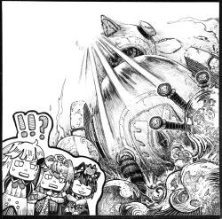  ! !! !? 3girls :3 ange_katrina ange_katrina_(1st_costume) animal animal_ears animal_on_head banken_(inui_toko) border chibi closed_eyes commentary_request creature_on_head dog_ears from_below greyscale hatching_(texture) highres holding holding_animal inui_toko inui_toko_(1st_costume) linear_hatching lize_helesta lize_helesta_(1st_costume) monochrome monocle multiple_girls nijisanji no_pupils non-humanoid_robot on_head open_mouth reaction_inset robot robot_animal robot_bird sanbaka_(nijisanji) sebastian_piyodore shou-star sun sweatdrop v-shaped_eyebrows virtual_youtuber 