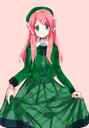  1girl alternate_costume beret bow bowtie brown_background closed_mouth collared_shirt dress green_bow green_bowtie green_dress green_eyes green_hat green_jacket green_nails green_trim hair_ornament hairclip hashtag-only_commentary hat headphones highres jacket long_hair looking_at_viewer momone_momo open_clothes open_jacket pink_hair print_dress ramune55ni shirt simple_background smile solo utau white_shirt 