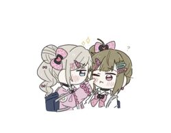  2girls ? ahoge blue_eyes bow bowtie brown_hair cardigan ceras_yanagida_lilienfeld cheek_poking chibi chibi_only collared_shirt commentary_request cropped_torso double_bun grey_hair gyaru hair_bow hair_bun hair_ornament hairclip heisei_gals!!!!_(love_live!) heisei_retro kachimachi_kosuzu kogal korean_commentary link!_like!_love_live! love_live! multiple_girls open_cardigan open_clothes parallel_hairclips pink_bow pink_bowtie pink_cardigan pink_eyes poking school_uniform shirt side_ponytail simple_background sparkle twintails virtual_youtuber white_background white_shirt zueka27 