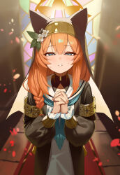  1girl absurdres animal_ear_headwear animal_ears black_veil blue_archive blue_eyes blush braid coif commentary_request flower from_above hair_between_eyes hairband halo hat hat_flower highres indoors interlocked_fingers long_hair long_sleeves looking_at_viewer looking_up mari_(blue_archive) nun orange_hair own_hands_clasped own_hands_together palms_together parted_lips praying setakman side_braid solo standing sweat veil white_flower white_hairband yellow_halo 