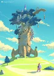  1other backpack bag bush clouds commentary_request highres hill katou_oswaldo moss original overgrown path rock rocket_ship sky spacecraft spire tree walking wheel windmill 