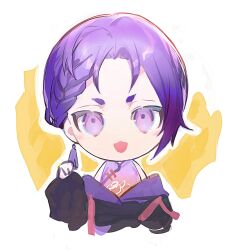  :3 arm_up black_hoodie blue_lock braid chinese_clothes earrings hand_up highres hood hoodie jewelry long_sleeves looking_at_viewer mikage_reo multicolored_shirt off_shoulder open_mouth outline purple_hair purple_shirt shirt short_hair side_braid simple_background single_earring sleeveless sleeveless_shirt violet_eyes white_background white_outline ysokzo 