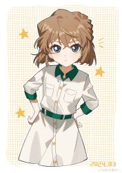  1girl absurdres belt bisho_imobing_hito blue_eyes brown_hair closed_mouth commentary_request cropped_legs dated dress eyelashes green_belt haibara_ai highres long_sleeves looking_at_viewer meitantei_conan solo star_(symbol) white_dress 
