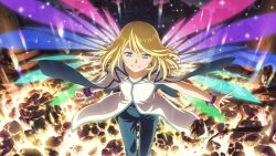  1boy aqua_pants aqua_trim aqua_wings artist_request blonde_hair blue_eyes blue_wings bracelet collarbone commentary cowboy_shot energy_wings english_commentary game_cg green_wings ground_shatter highres jewelry looking_at_viewer magic medium_hair mithos_yggdrasill multicolored_wings night official_art outdoors pants pillar pink_wings purple_wings rainbow_wings smile solo standing stone_pillar tales_of_(series) tales_of_crestoria tales_of_symphonia third-party_source wings 