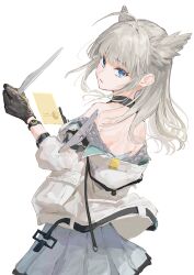  1girl ahoge animal_ears arknights arknights:_endfield back bare_shoulders bird_ears bird_girl black_gloves blue_eyes commentary_request cowboy_shot dress from_behind gloves grey_dress grey_hair highres holding hood hood_down jacket kei201107 long_hair looking_at_viewer looking_back multicolored_gloves off_shoulder parted_lips perlica_(arknights) pleated_dress sidelocks simple_background sleeveless sleeveless_dress solo three-quarter_sleeves two-tone_gloves watch watch white_background white_jacket yellow_gloves yellow_pupils 