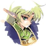  1girl bangs blonde_hair deedlit green_eyes long_hair long_pointy_ears looking_at_viewer pointy_ears portrait puchidori record_of_lodoss_war smile smug solo v-shaped_eyebrows white_background 