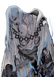  1boy absurdres adam's_apple azrael_(grand_assassin)_(fate) black_eyes black_hands blue_hair center_opening chain chest_tattoo collarbone colored_extremities cowboy_shot cowl_neck cross_hair_ornament double-parted_bangs empty_eyes facing_down fate/grand_order fate_(series) hair_between_eyes hair_ornament hatching_(texture) head_down highres hood hood_down hooded_robe long_hair long_hair_between_eyes long_sidelocks long_sleeves looking_at_viewer loosely_tucked_bangs male_focus nakagasukima neck_tattoo parted_lips pectoral_cleavage pectorals profile robe sidelocks simple_background skull solo spikes straight_hair tattoo toned toned_male torn_clothes torn_robe variant_set white_background white_robe wide_sleeves x_hair_ornament 