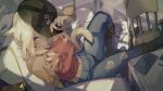  1girl absurdres animal_ears baseball_cap blonde_hair boots bracelet cat_ears cat_tail chair character_request dark_skin denim final_fantasy final_fantasy_xiv hat highres jeans jewelry kyo_(kuroichigo) long_hair navel pants sitting solo tail torn_clothes torn_jeans torn_pants 