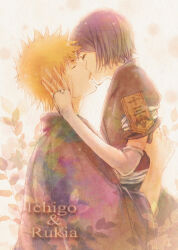  1boy 1girl armband badge black_hair bleach character_name closed_eyes commentary_request fukutaichou_badge hetero japanese_clothes kiss kuchiki_rukia kurosaki_ichigo orange_hair shihakusho short_hair tamaki_(arrowroute829) 
